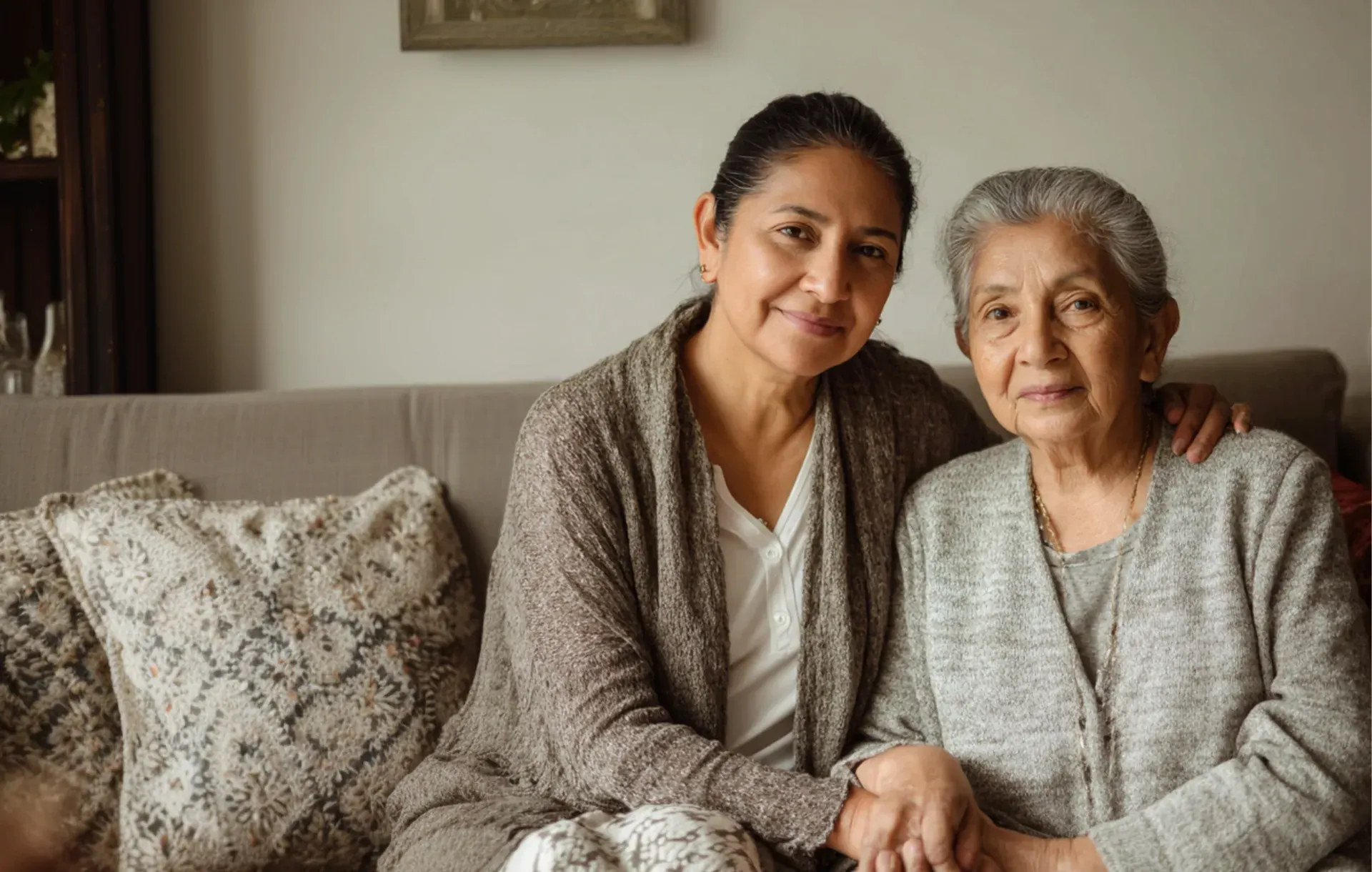 An adult daughter and her elderly mother smile together on a couch
