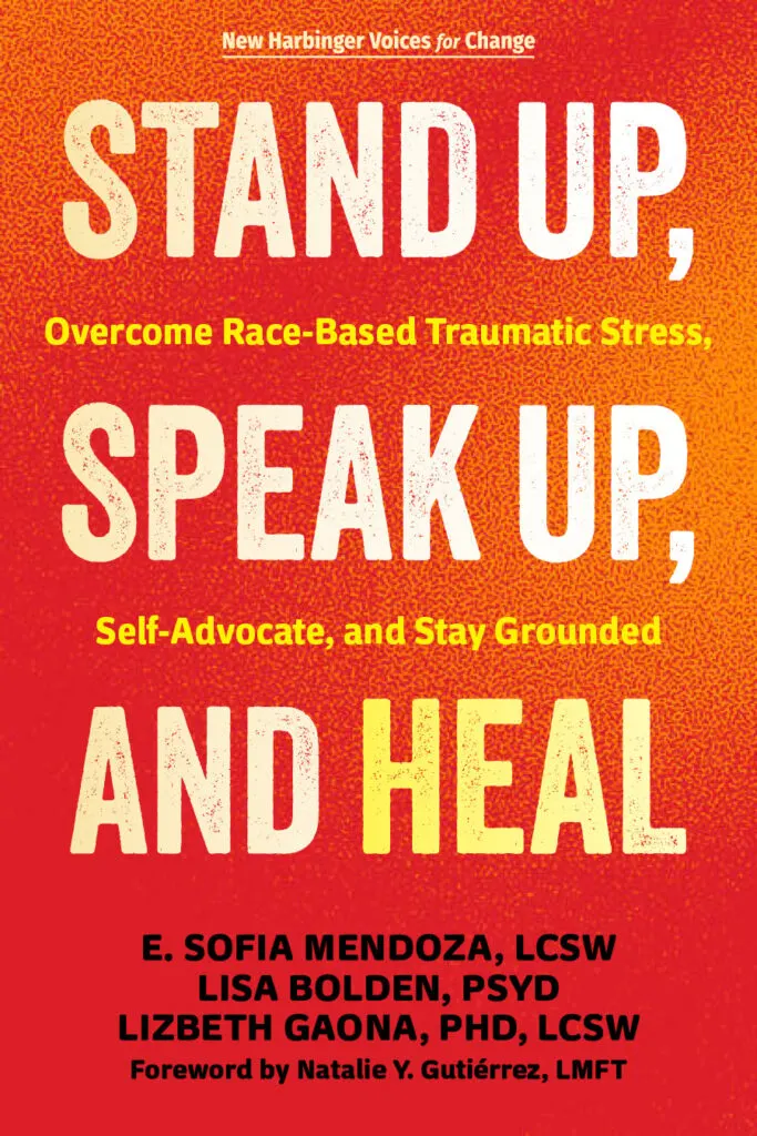 Book cover with red and orange gradient background displaying large cream and yellow text reading "Stand Up, Speak Up, and Heal" with author names at bottom