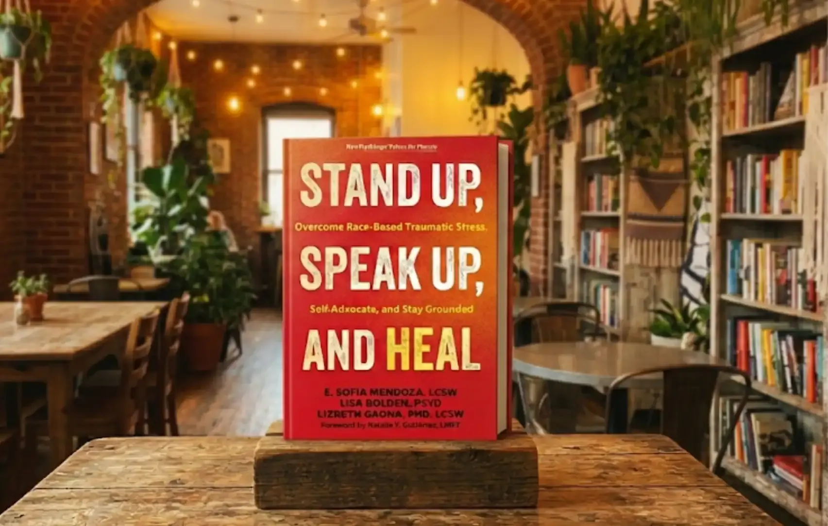 The book Stand Up, Speak Up, and Heal on a wooden stand in a sunlit bookshop café.