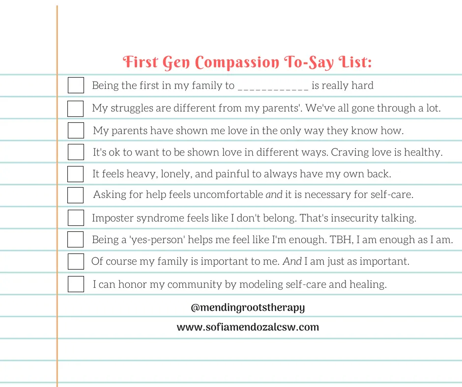 Checklist titled "First Gen Compassion To-Say List" with nine unchecked items about self-worth and family experiences