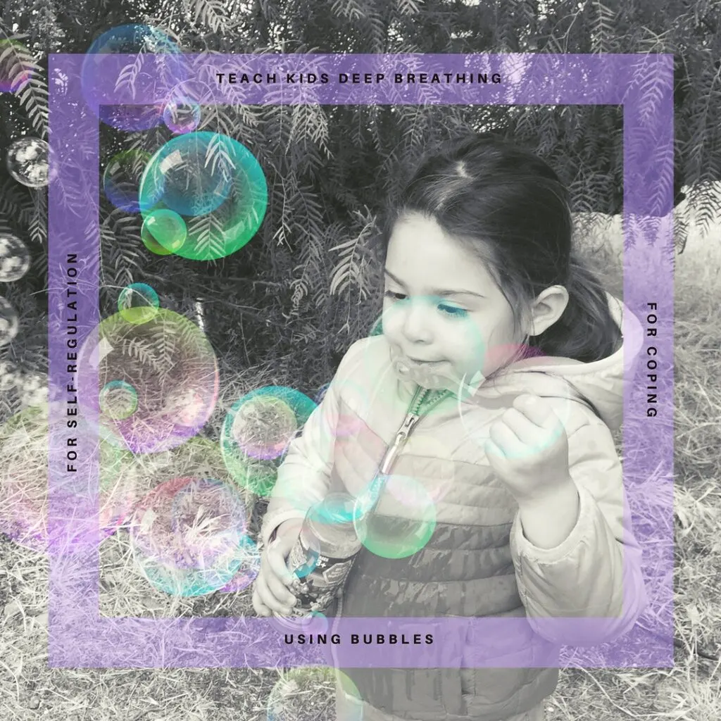 Child in puffy jacket blowing bubbles outdoors with purple graphic overlay and text