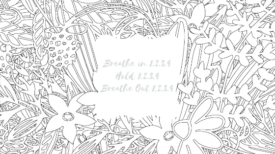 A coloring page with two outlined rabbits surrounded by detailed line patterns and flowers, with text reading "Breathe in 1,2,3,4 Hold 1,2,3,4 Breathe Out 1,2,3
