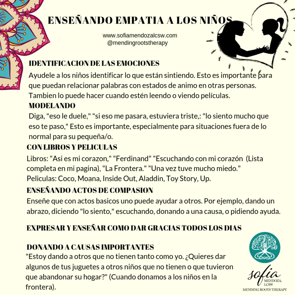 Document with Spanish text about teaching empathy to children, featuring decorative pink floral design and silhouette of adult with child