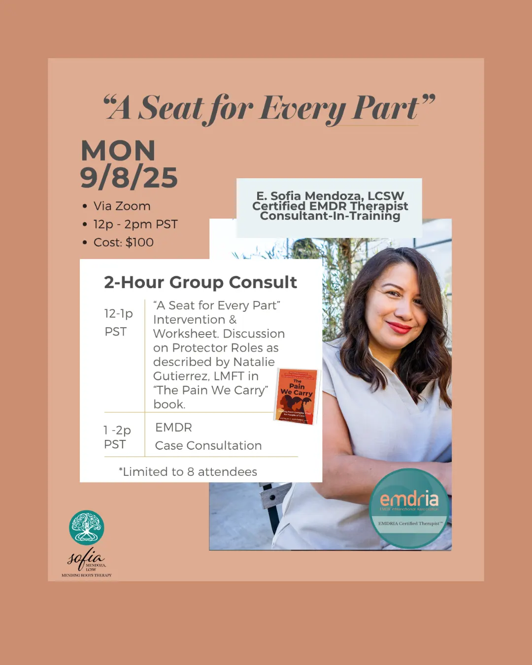 Event flyer for a two-hour group consultation on September 25th featuring a therapist's headshot and event details on tan background