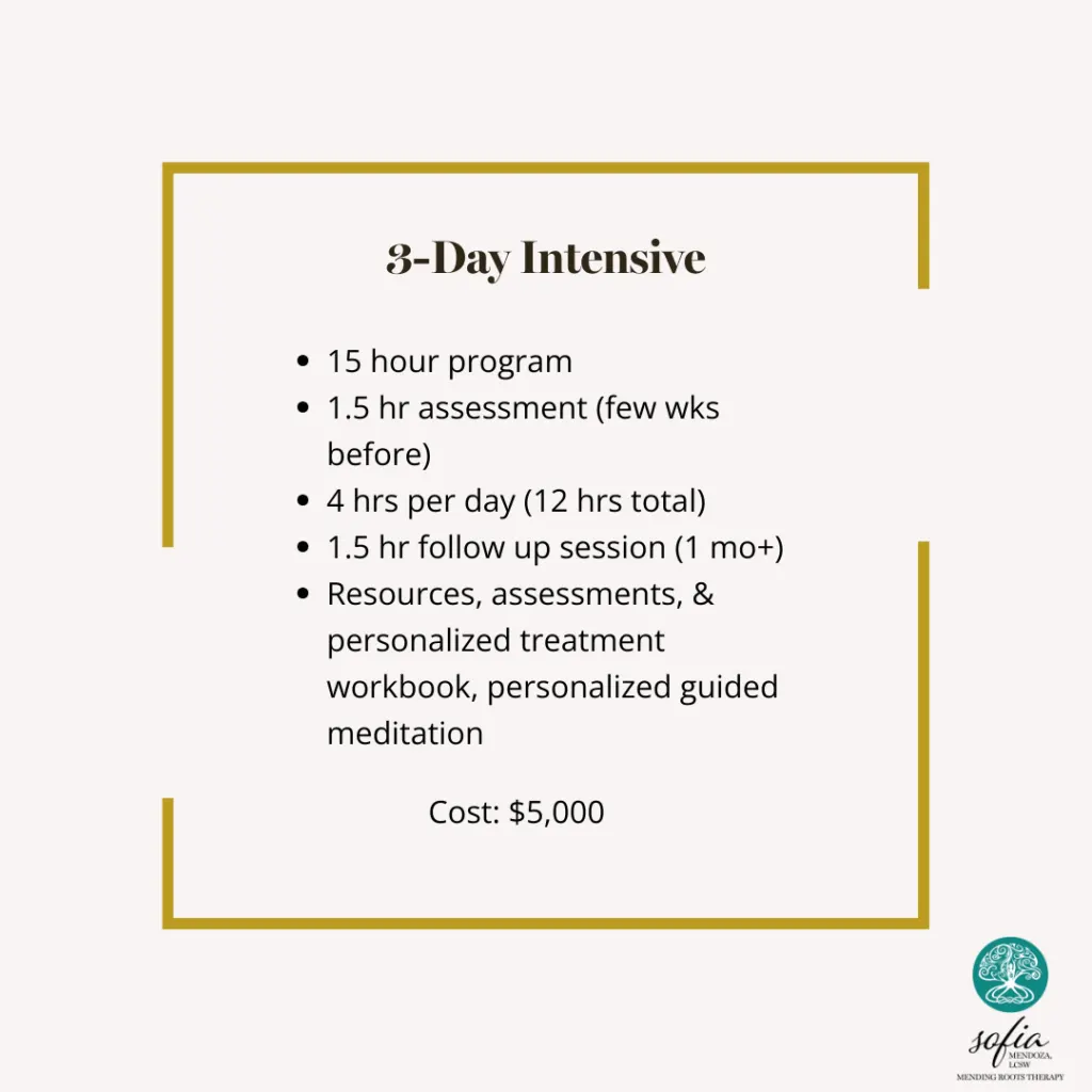 Gold-bordered box displaying "3-Day Intensive" program details including 15-hour program, assessment, daily hours, follow-up session, and resources at $5,000 co
