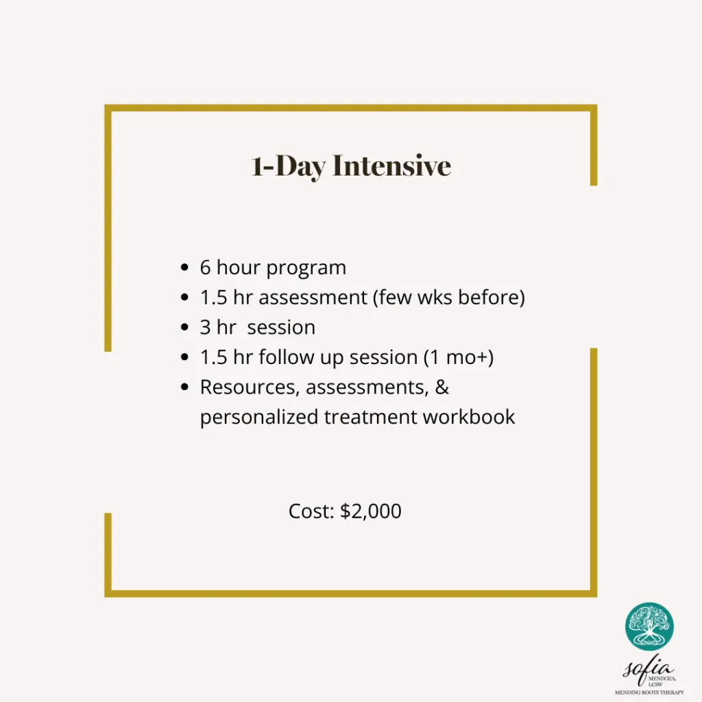 A gold-bordered text box displays "1-Day Intensive" with bulleted details about a program, duration, and cost of $2,000
