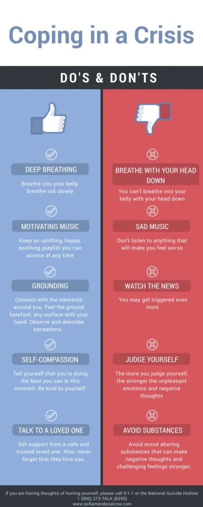 Infographic titled "Coping in a Crisis" showing do's on left in blue and don'ts on right in red, with icons and text describing coping strategies