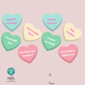 Multiple pastel-colored heart shapes with handwritten text messages arranged on a pink background