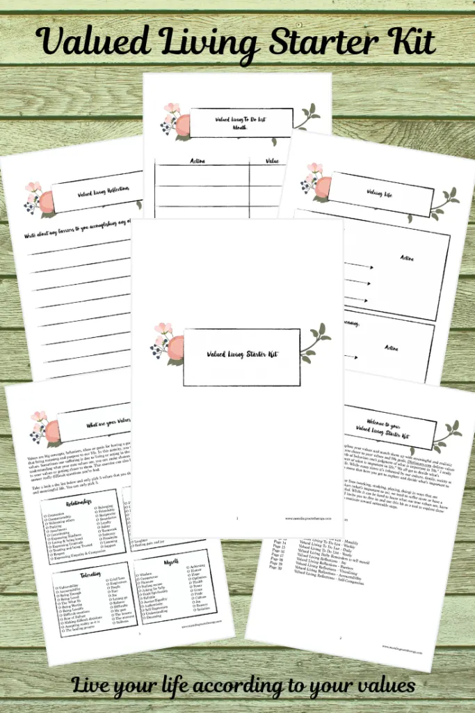Multiple printed worksheets titled "Valued Living Starter Kit" arranged on a green wooden surface