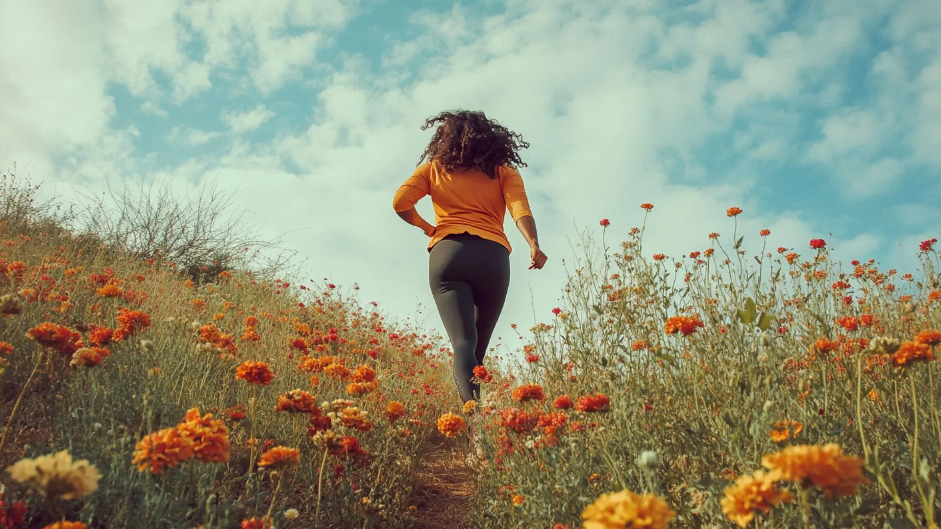 Person jogging through a field of red and yellow wildflowers under a partly cloudy sky