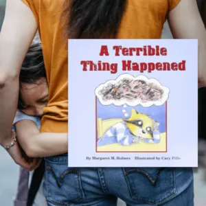 Person in yellow shirt holding children's book titled "A Terrible Thing Happened" featuring illustrated cat and water