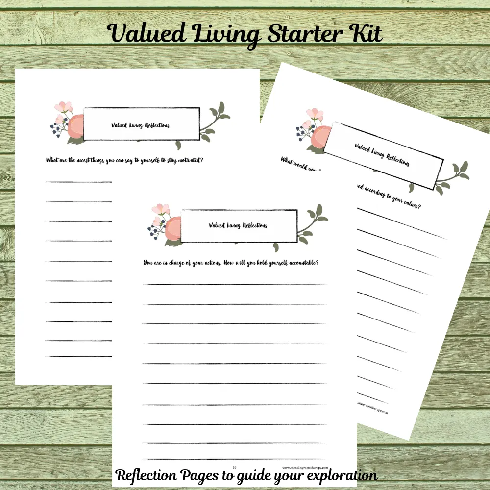 Printable worksheet pages with "Valued Living Starter Kit" title and reflection prompts with blank lines on green wood background