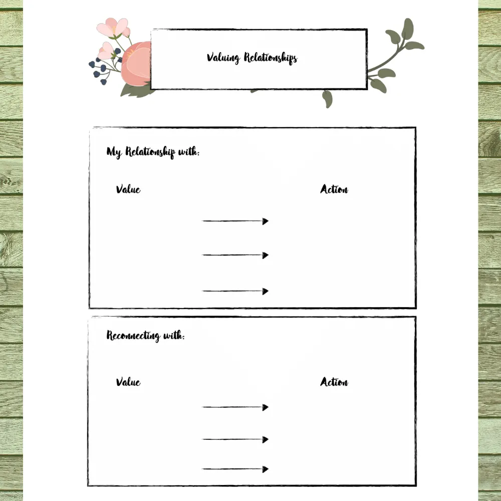 Printable worksheet with "Values Relationships" header and two sections for matching values to actions with decorative floral borders