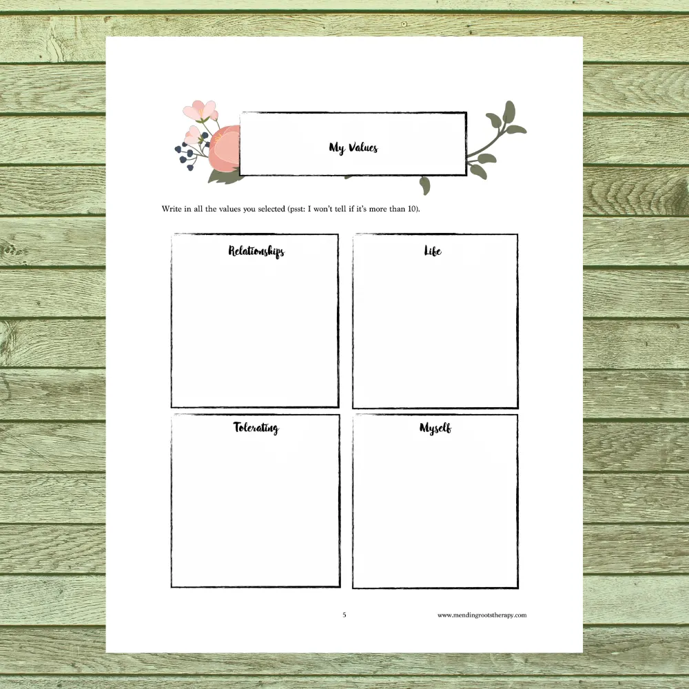 A printed worksheet titled "My Values" with four blank sections labeled Relationships, Life, Thinking, and Myself, displayed on a green wooden surface