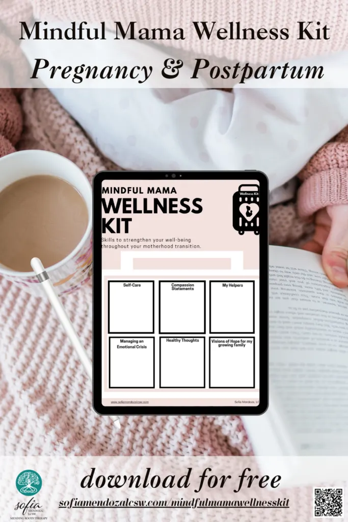 A tablet displaying a wellness kit worksheet sits on a pink knit blanket next to a cup of tea and papers