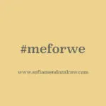 Tan background with hashtag text "#meforwe" and a website URL below it