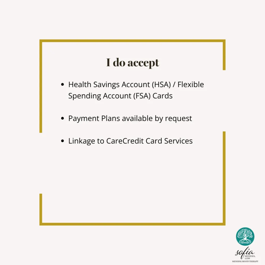 Text box with gold border listing accepted payment methods including HSA, FSA cards, payment plans, and CareCredit