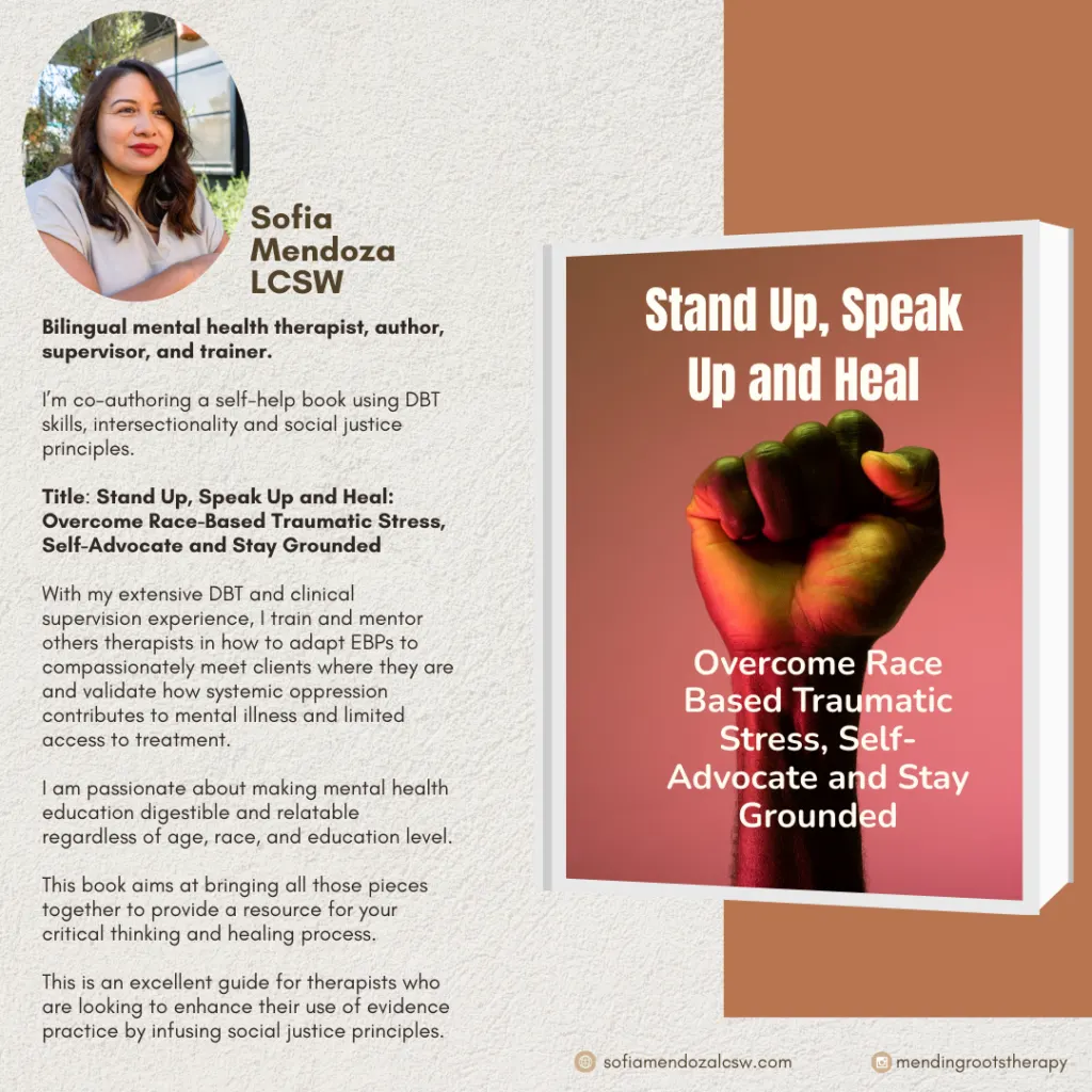 Therapist Sofia Mendoza and her book "Stand Up, Speak Up and Heal" displayed side by side on white and tan background