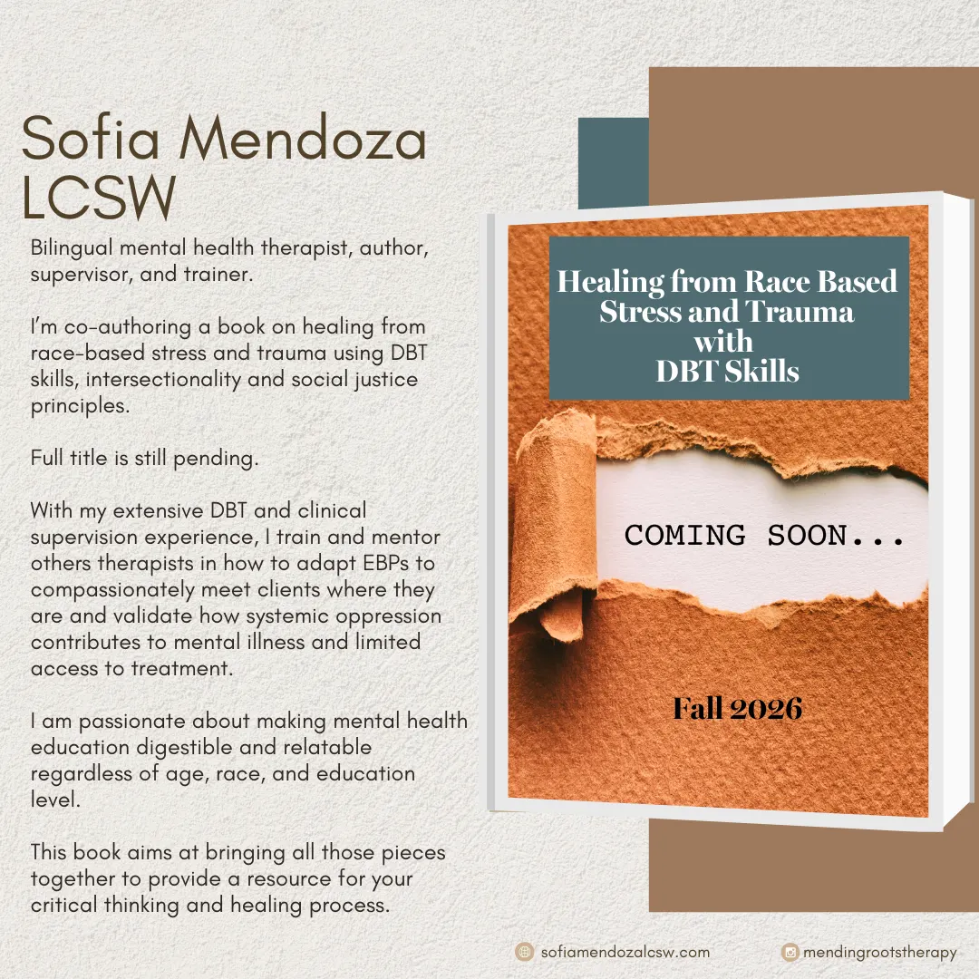 A therapist's profile page displays text on the left alongside a book cover mockup on the right advertising a forthcoming publication about race-based stress an