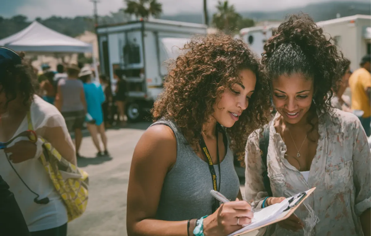 Three women look over a clipboard together at an outdoor community event