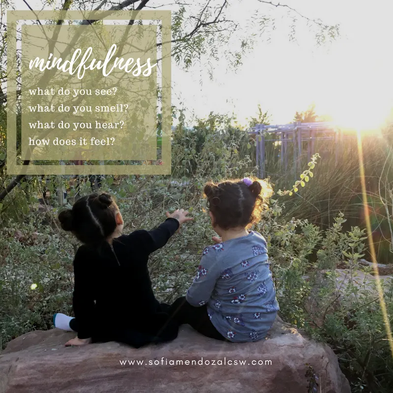 Two children sit on a rock facing trees and sunset, with mindfulness text overlay on the left side