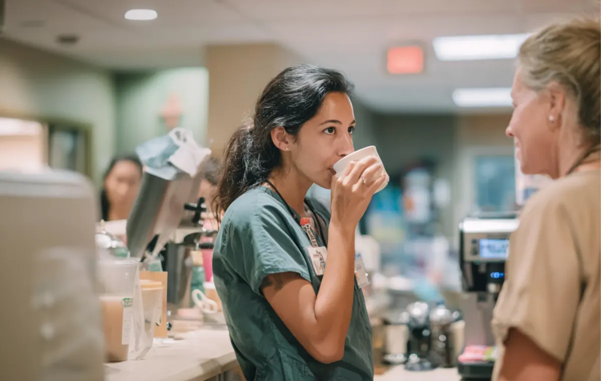 Two nurses chat over coffee during a break at the nurses station