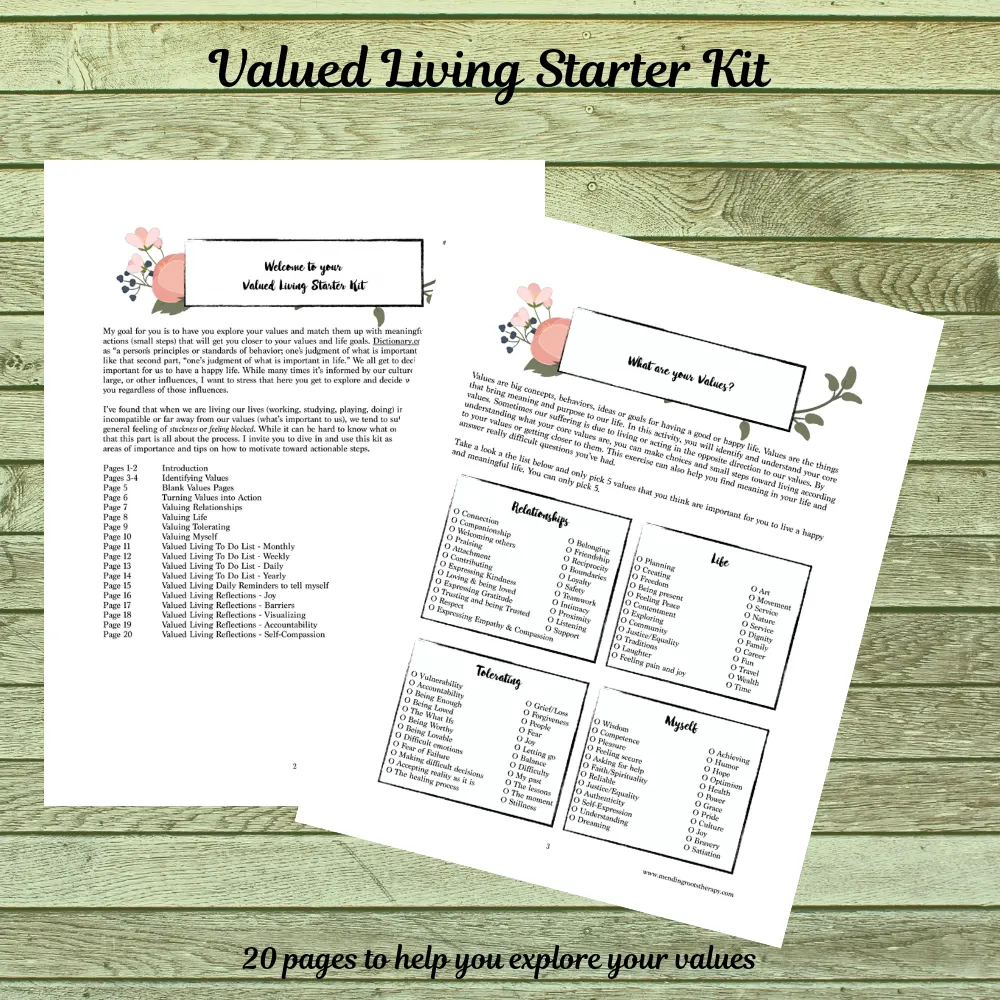 Two printed worksheets titled "Valued Living Starter Kit" lay on a green wooden surface