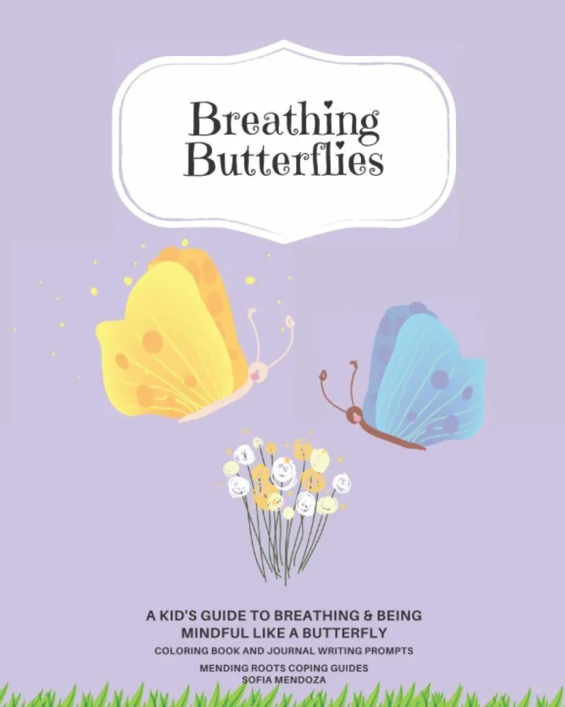 White rounded label with "Breathing Butterflies" text above yellow and blue butterflies and white flowers on purple background