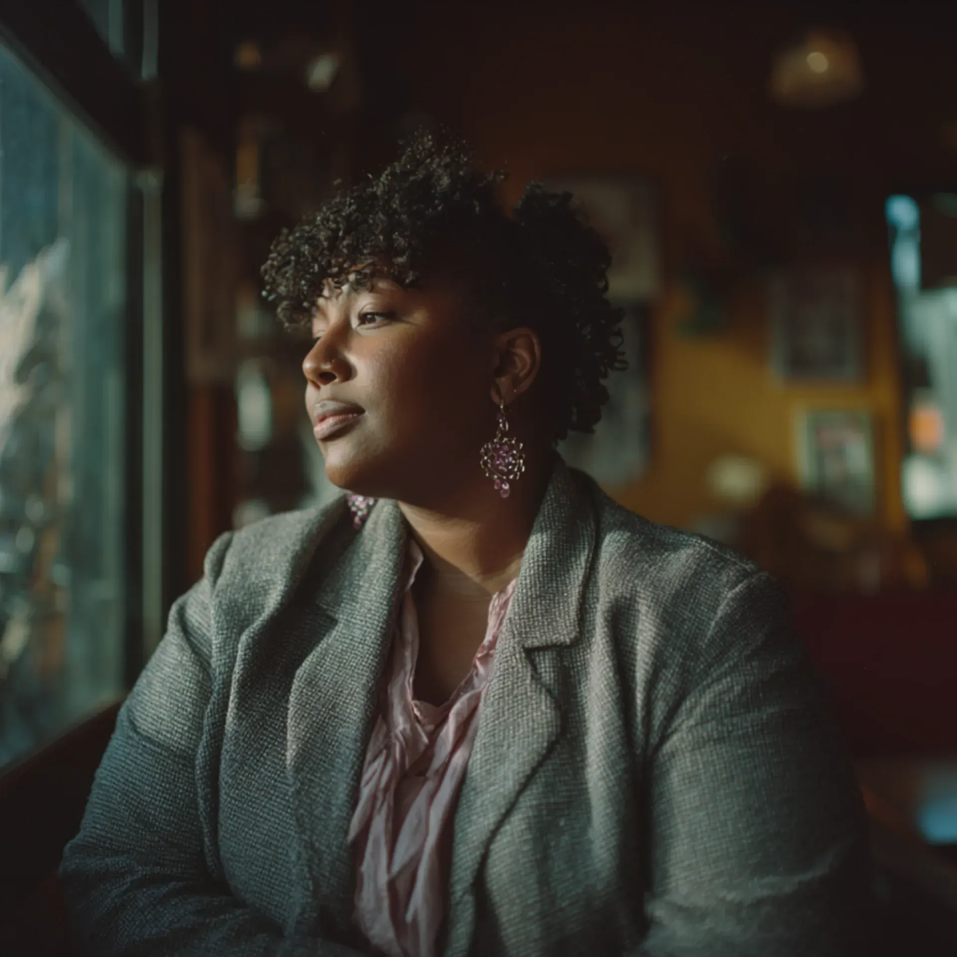 A woman in a blazer looks off to the side in soft, moody indoor light.