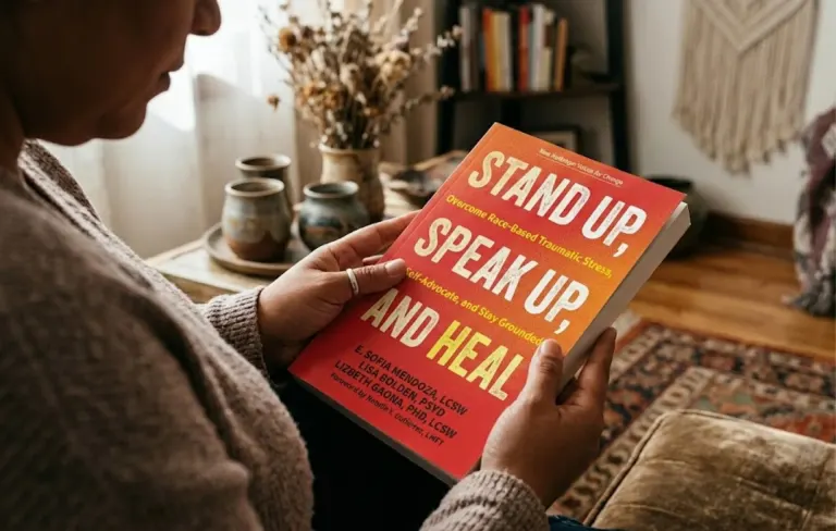 A woman in a cozy sweater reads Stand Up, Speak Up, and Heal at home