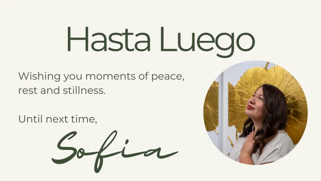 Woman with dark hair in circular photo with yellow background next to "Hasta Luego" text and signature