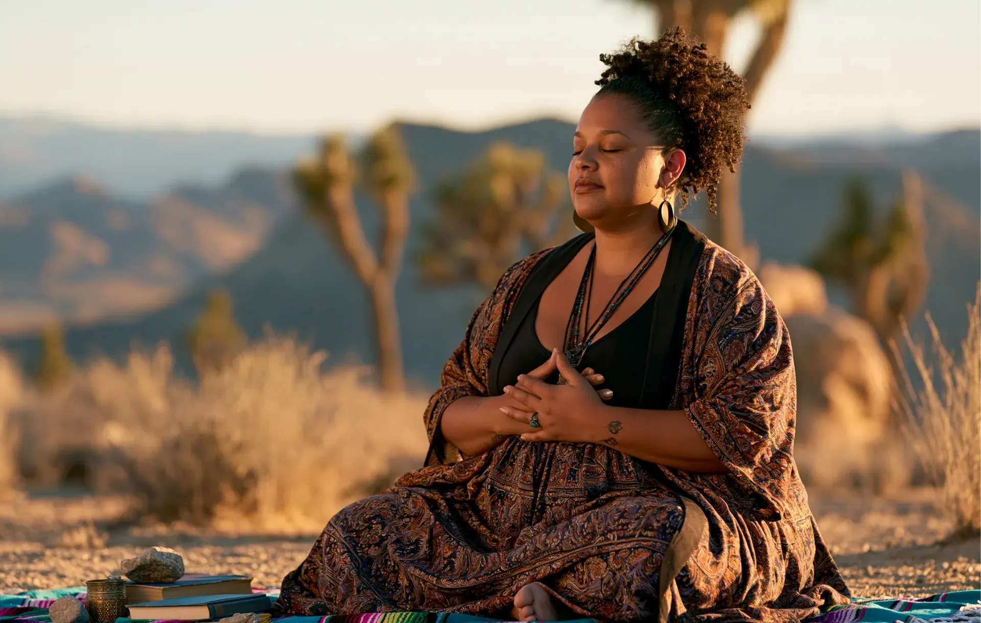 A woman sits cross-legged among Joshua trees with her hands resting on her chest.