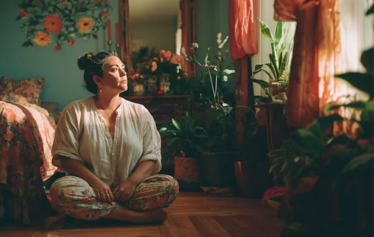 A woman sits thoughtfully on the floor of a plant-filled bedroom