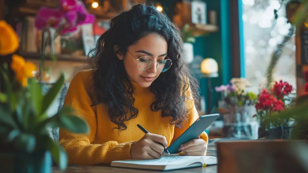 Woman in yellow shirt writes in notebook at desk surrounded by potted plants and warm lighting