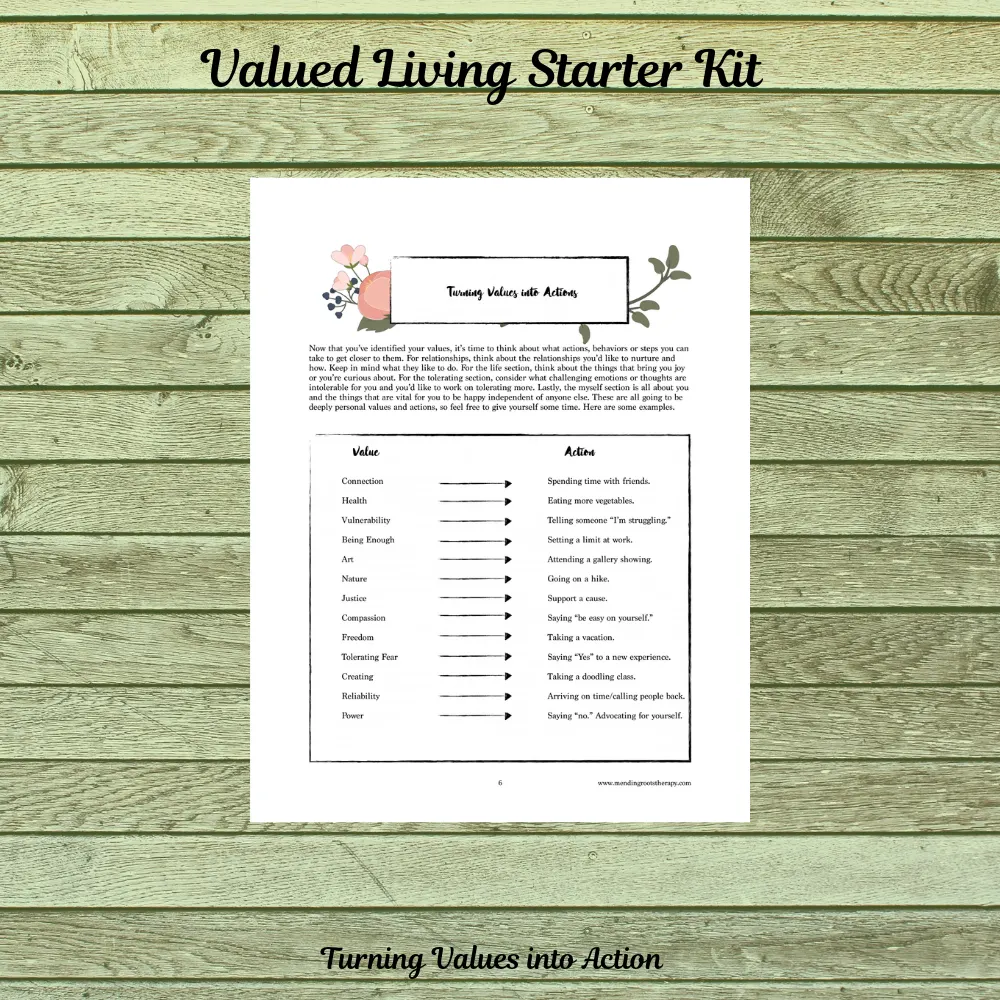 A worksheet titled "Valued Living Starter Kit" displays two columns listing values and corresponding actions on a wooden background