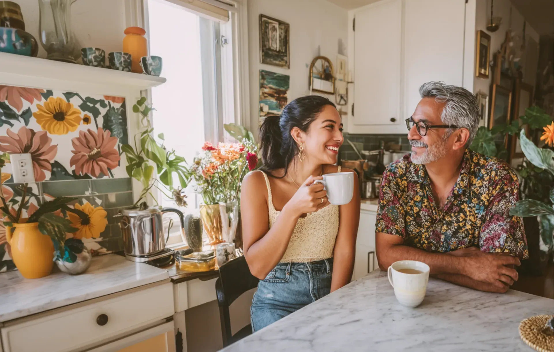 A young woman and older man share coffee and conversation in a floral kitchen